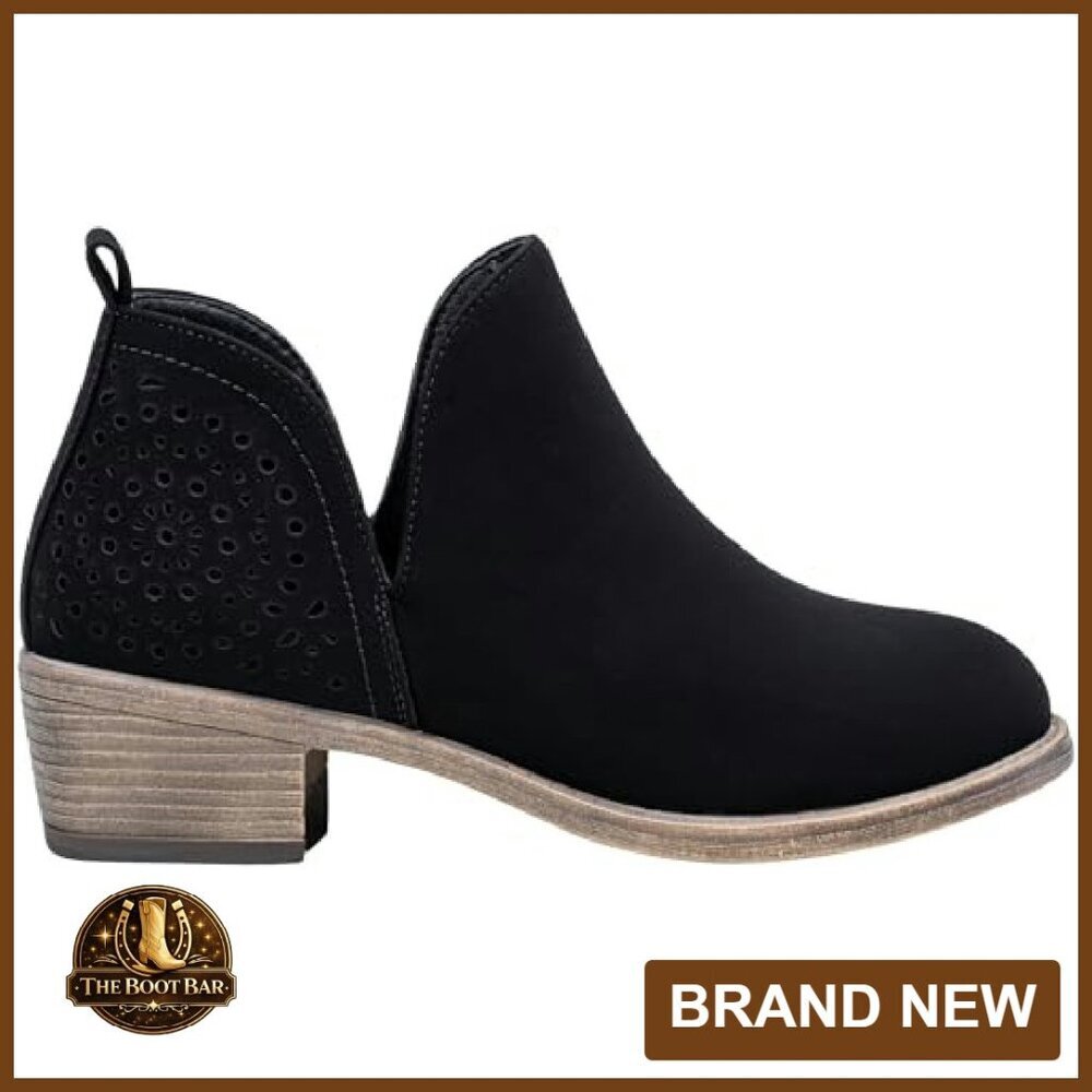 Women's Ankle Boots Low Heel Cutout Perforated Western Booties - Picture 2 of 8